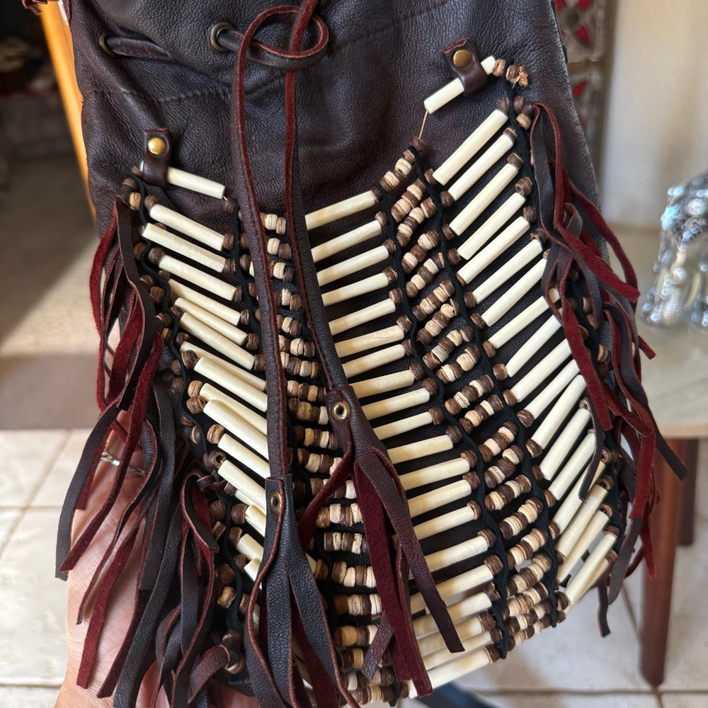 Spell & The Gypsy Dreamweaver Brown Leather Bone Fringe Crossbody Handbag - Picture 3 of 14